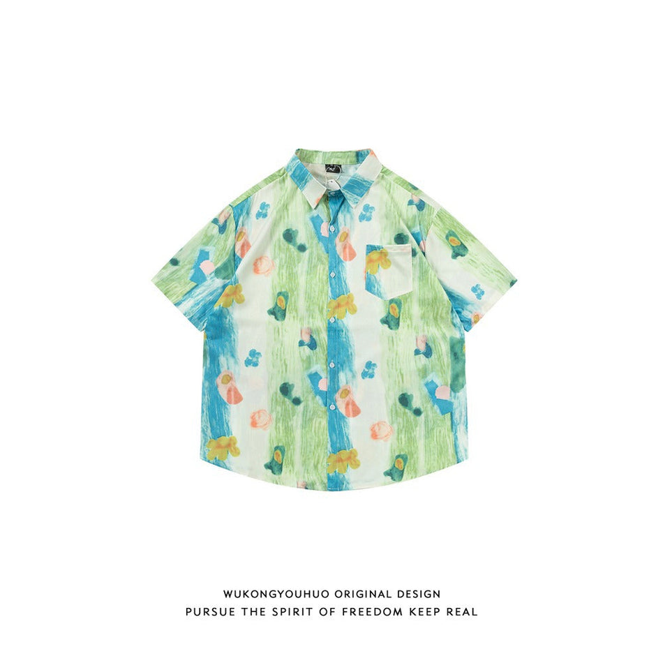 Graffiti Print Cuban Collar Color Block Shirt Men Loose Summer Wear