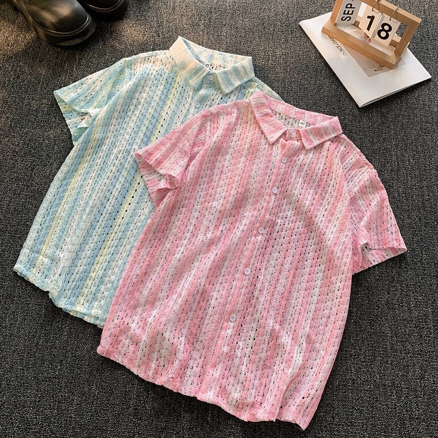 C573 Pink retro Ethnic Hollow Out Cuban Collar Shirt Men Summer Short Sleeve