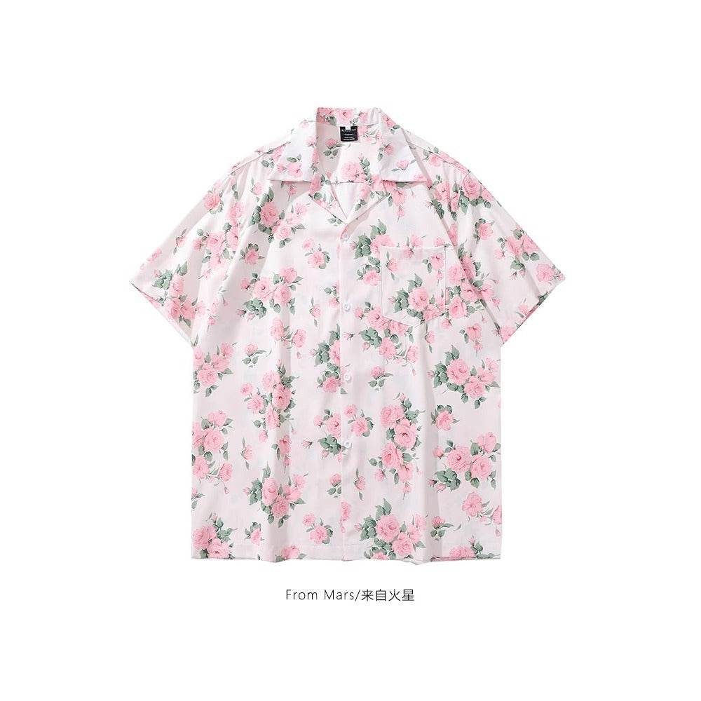 2416 Pink retro Floral Loose Fit Short Sleeve Shirt Men Women Couple Style