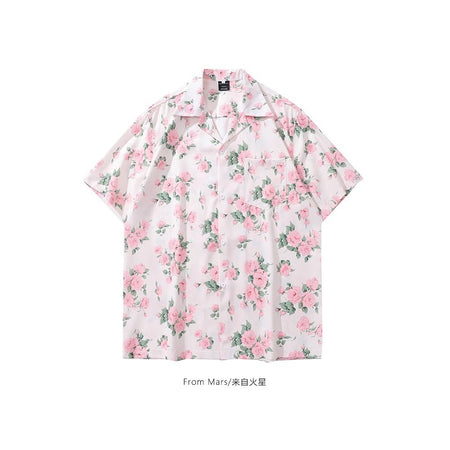 2416 Pink retro Floral Loose Fit Short Sleeve Shirt Men Women Couple Style