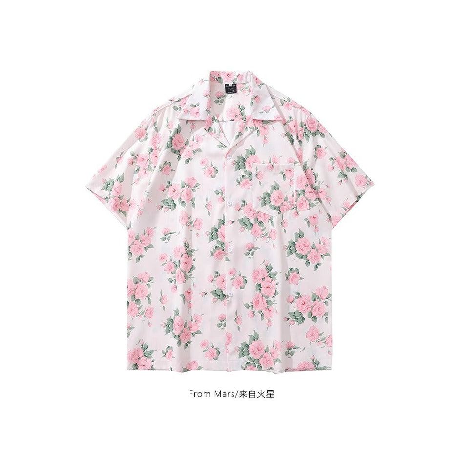 2416 Pink retro Floral Loose Fit Short Sleeve Shirt Men Women Couple Style