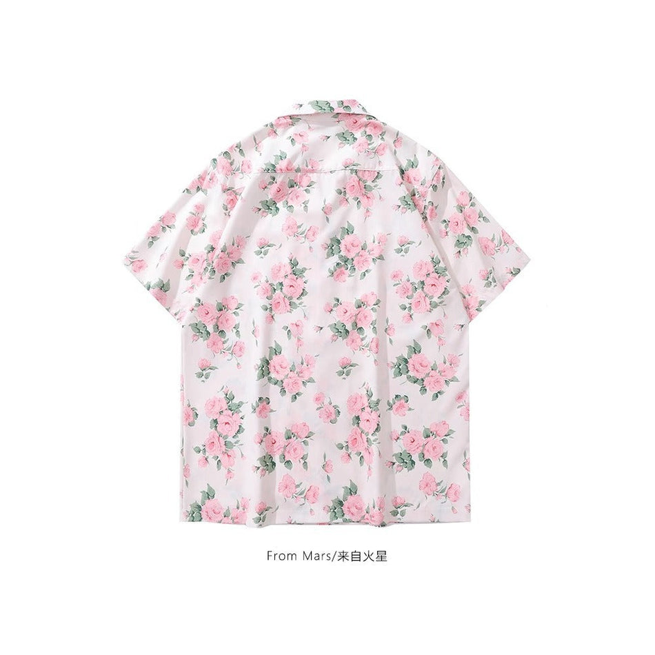 Retro Floral Loose Fit Short Sleeve Shirt Men Women Couple Style