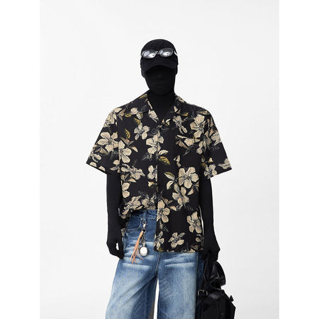 2427 Black cuban Collar Hawaiian Floral Shirt Men Quick Dry Summer Casual Wear