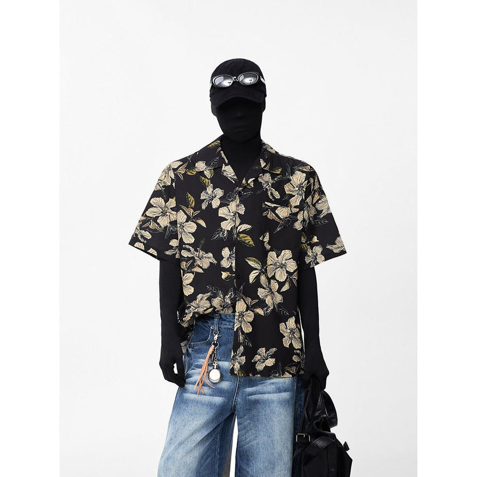 2427 Black cuban Collar Hawaiian Floral Shirt Men Quick Dry Summer Casual Wear