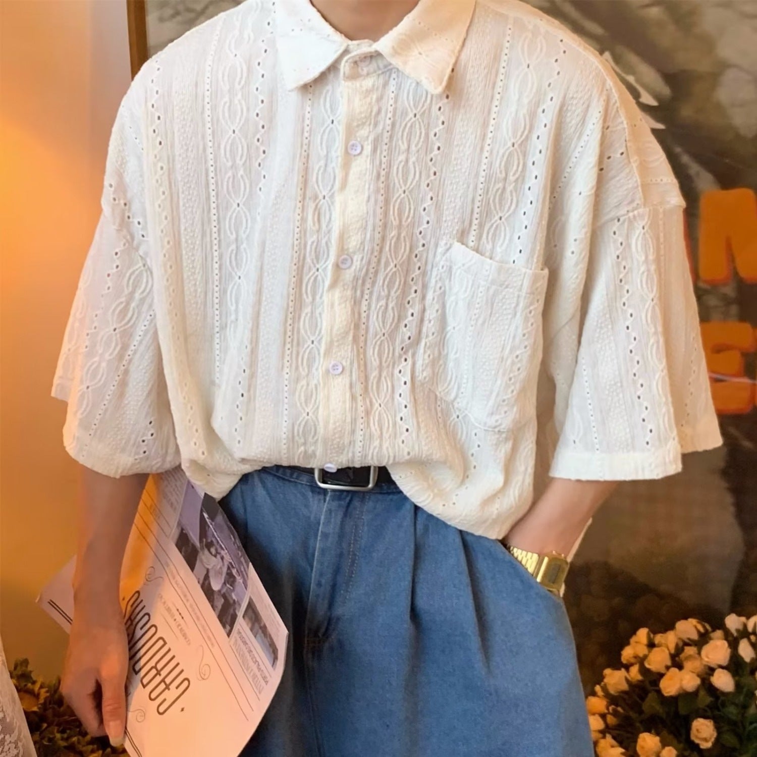 C664 White french Retro Hollow Out Long Sleeve Shirt Men Loose Autumn Casual Wear