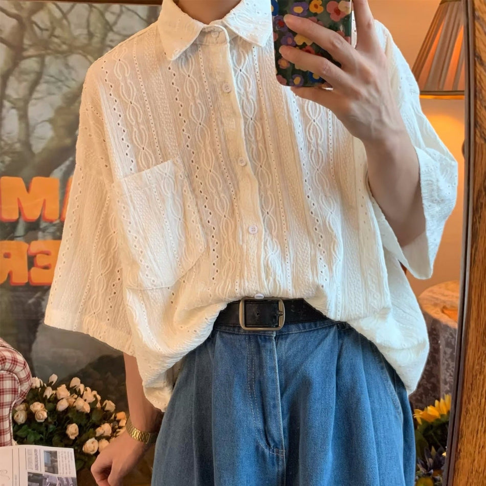 French Retro Hollow Out Long Sleeve Shirt Men Loose Casual