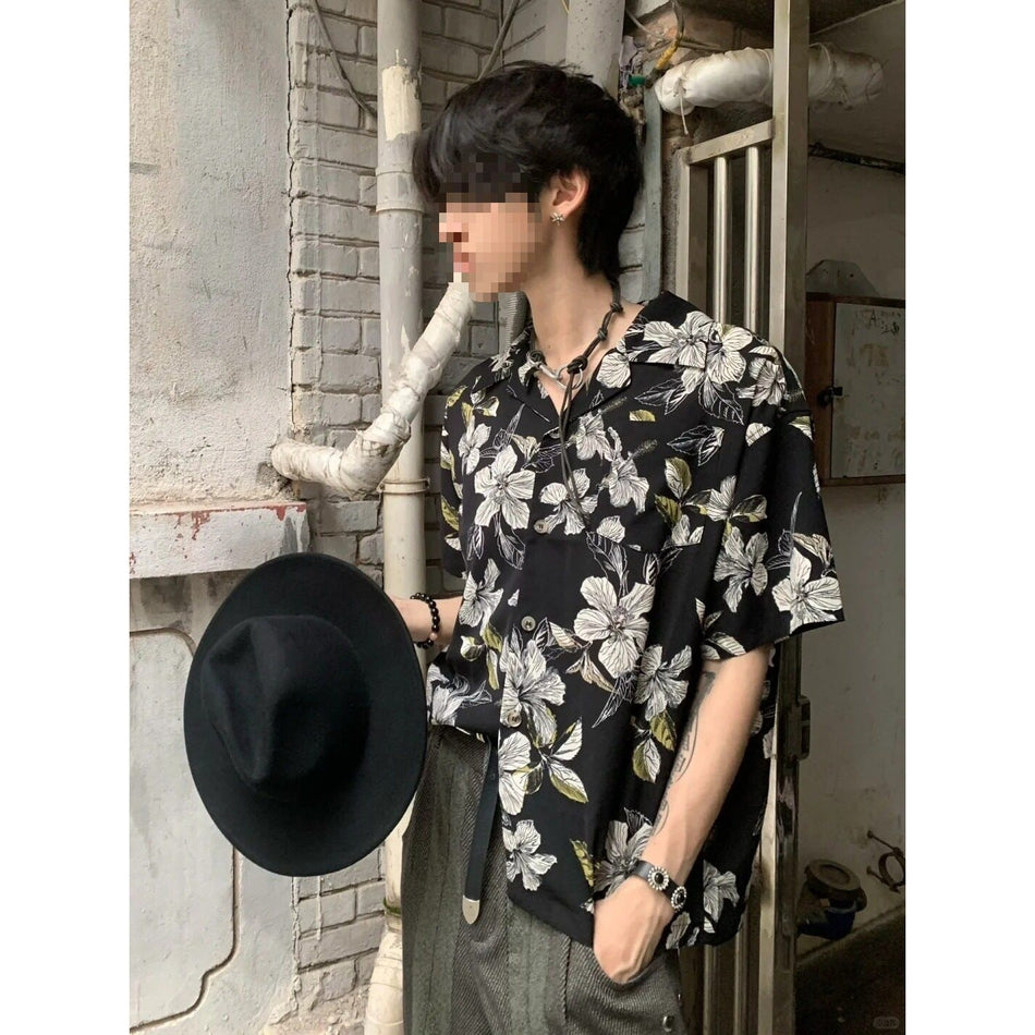 2427 Black cuban Collar Hawaiian Floral Shirt Men Quick Dry Summer Casual Wear