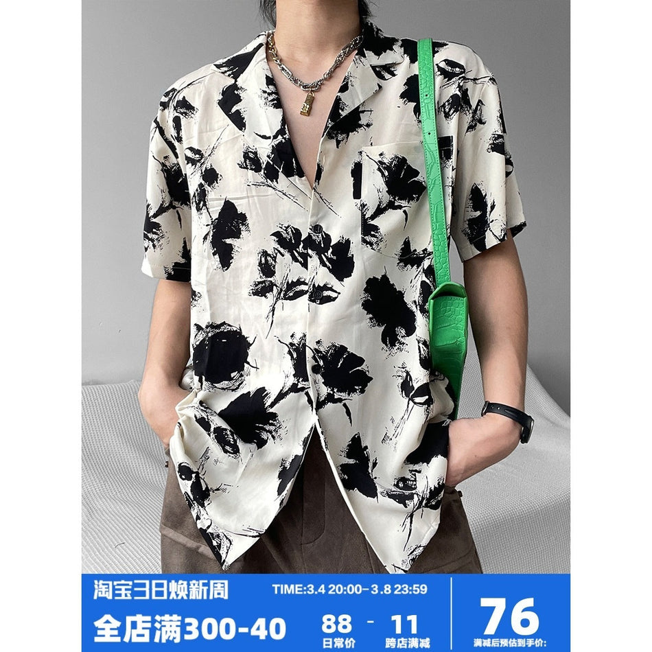 Hawaiian Floral Ice Silk Shirt Men Loose Fit Vacation Casual Wear