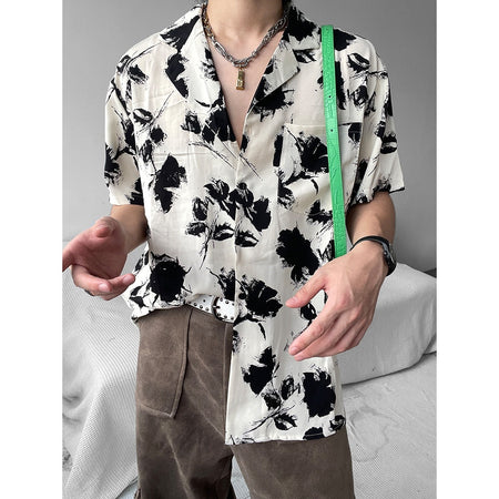 C501 Green hawaiian Floral Ice Silk Shirt Men Loose Fit Vacation Casual Wear
