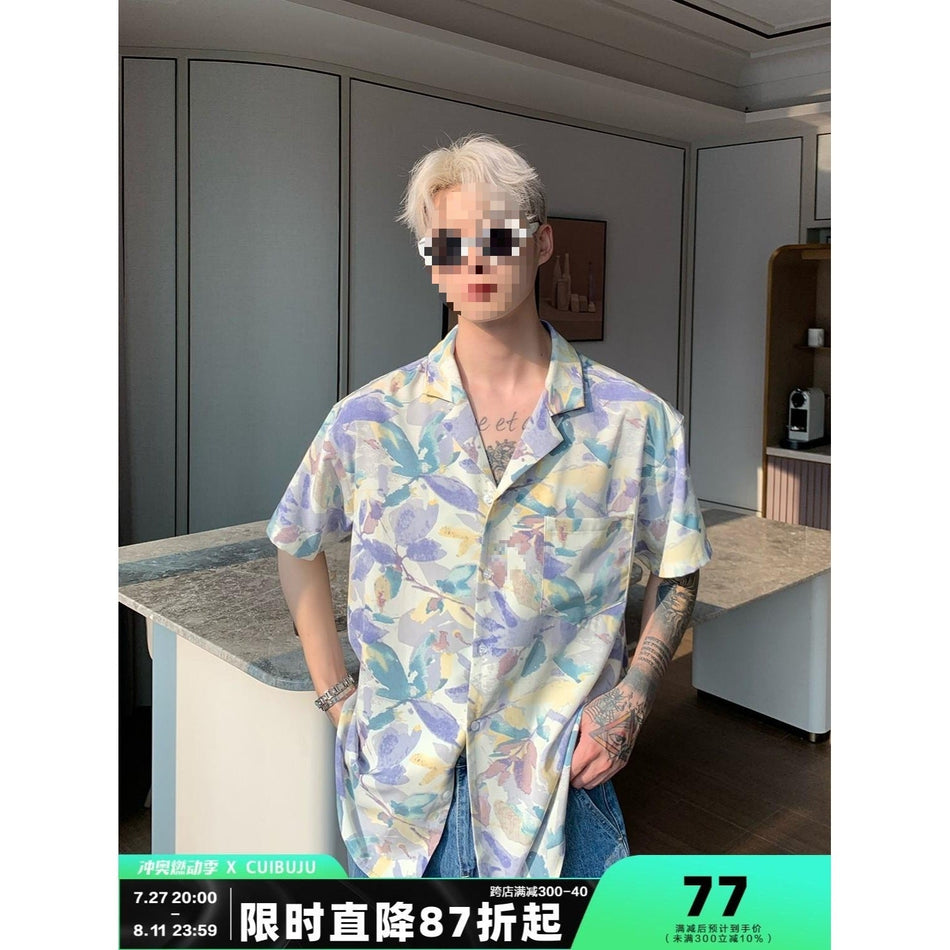 Cuban Collar Floral Shirt Men All Over Print Summer Vacation Wear