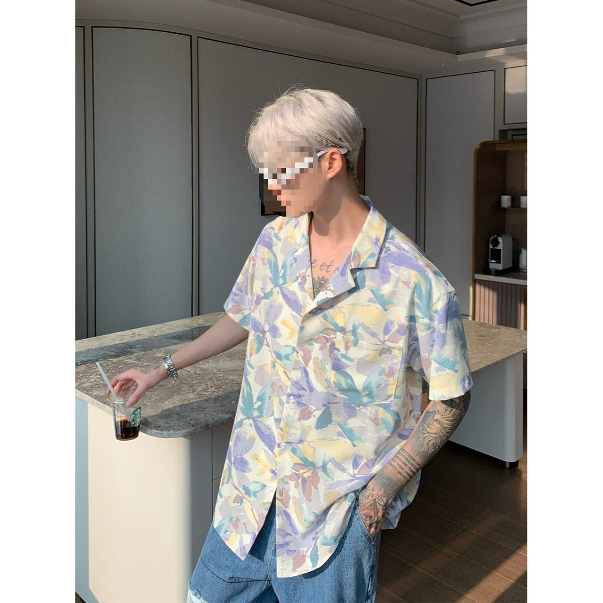 2405 Purple cuban Collar Floral Shirt Men All Over Print Summer Vacation Wear