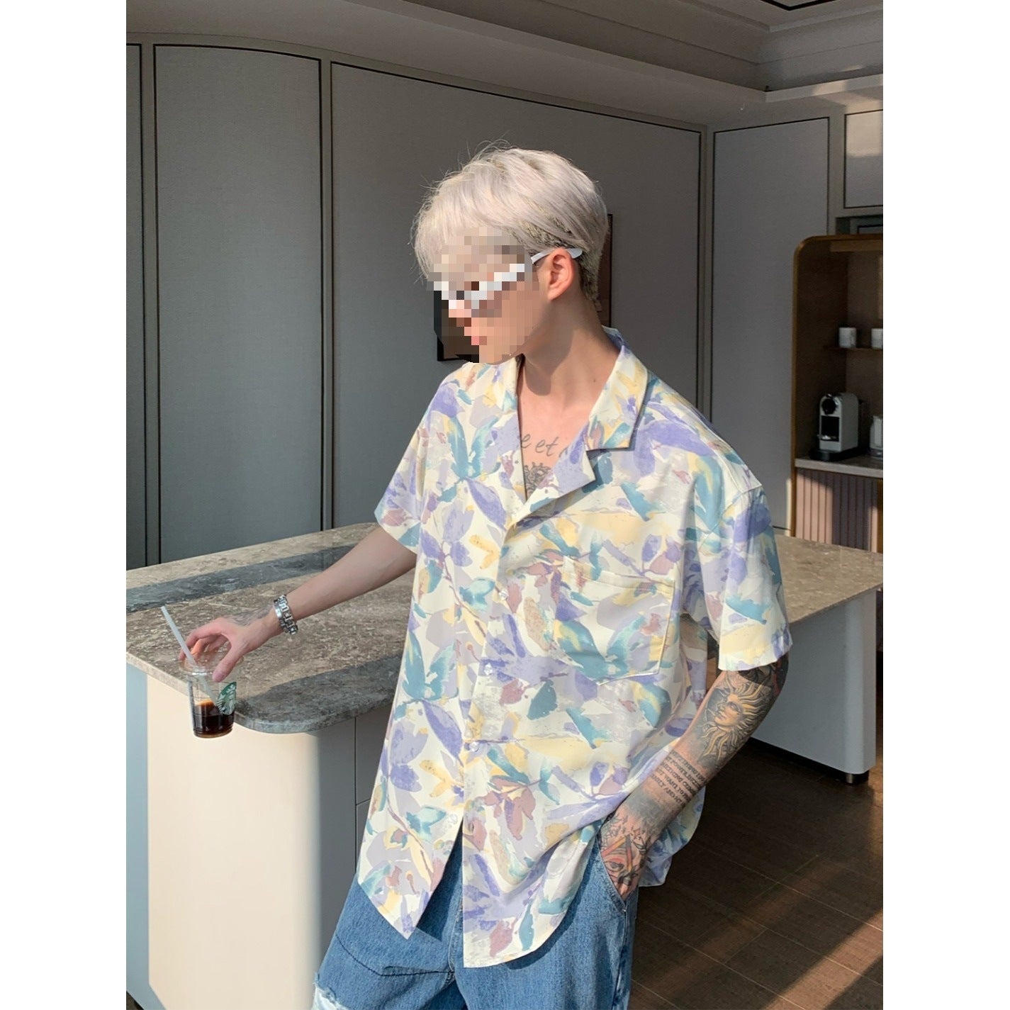 2405 Purple cuban Collar Floral Shirt Men All Over Print Summer Vacation Wear