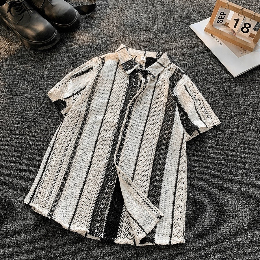 C582 Black Apricot Color retro Striped Knitted Hollow Out Shirt Men Loose Summer Short Sleeve