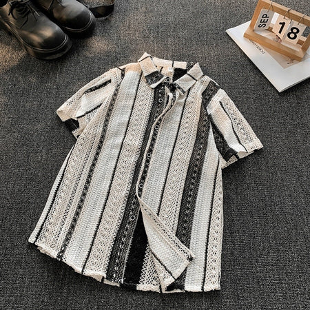 C582 Black Apricot Color retro Striped Knitted Hollow Out Shirt Men Loose Summer Short Sleeve