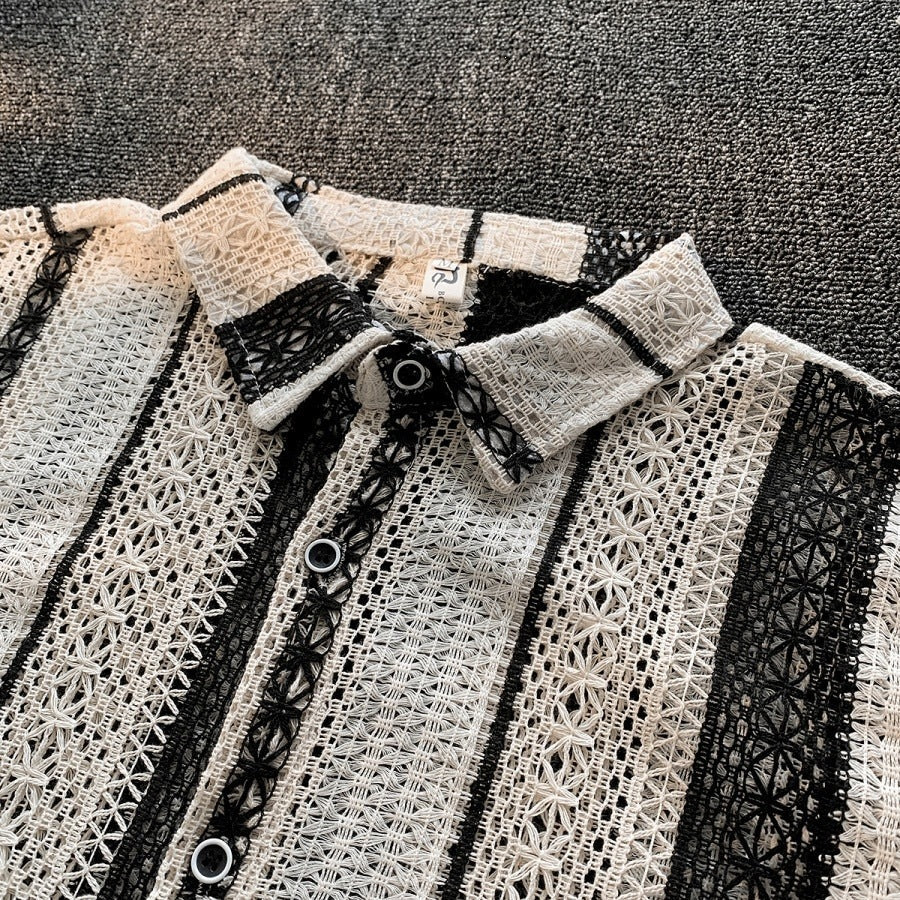 Retro Striped Knitted Hollow Out Shirt Men Loose Summer Short Sleeve