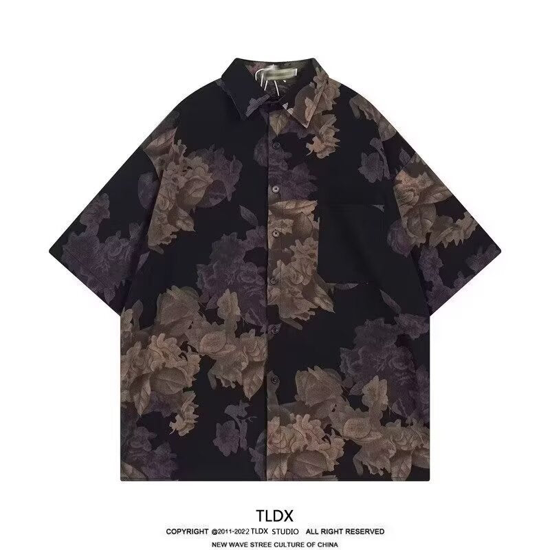 A801 Black black Floral Hawaiian Shirt Men Ruffle Short Sleeve Casual Summer