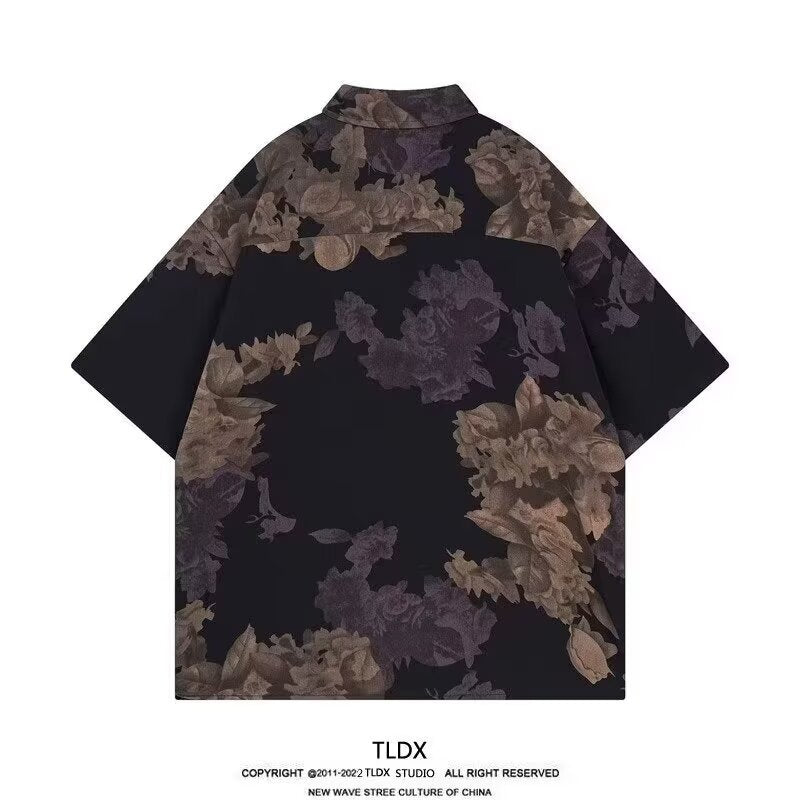 Black Floral Hawaiian Shirt Men Ruffle Short Sleeve Casual Summer
