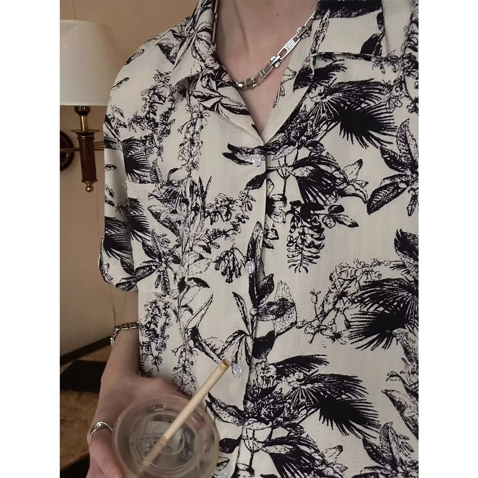 Cuban Collar Draping Shirt Men Retro Casual Short Sleeve Summer Wear