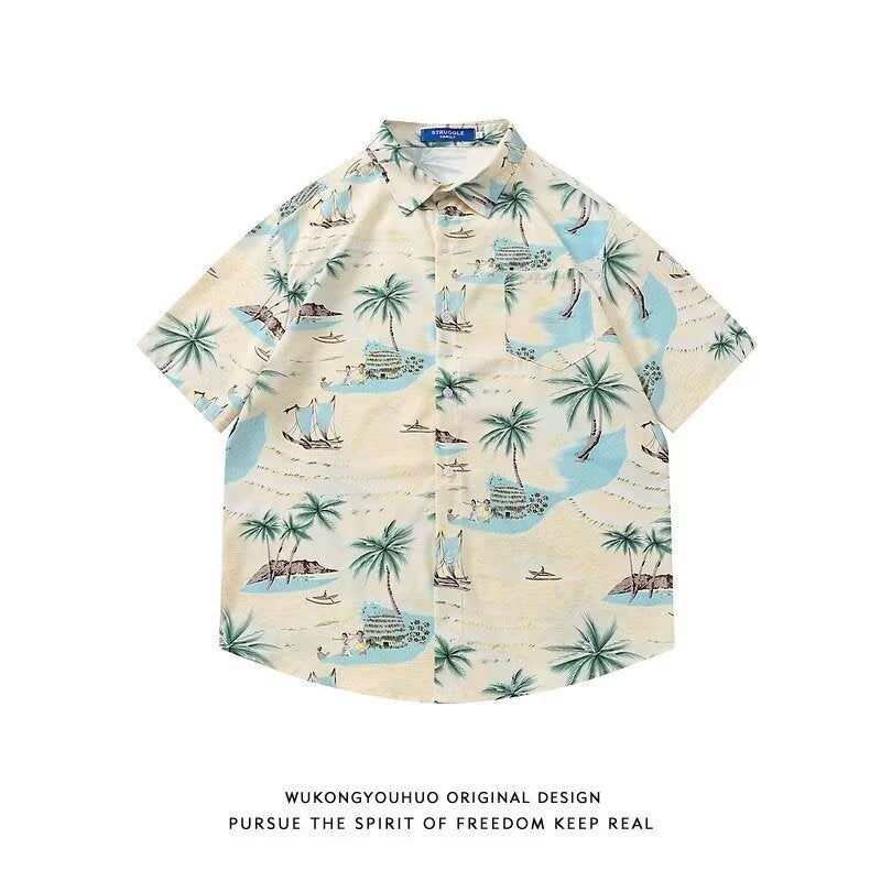 A808 Picture Color ice Silk Coconut Tree Floral Shirt Men Loose Hawaiian Summer