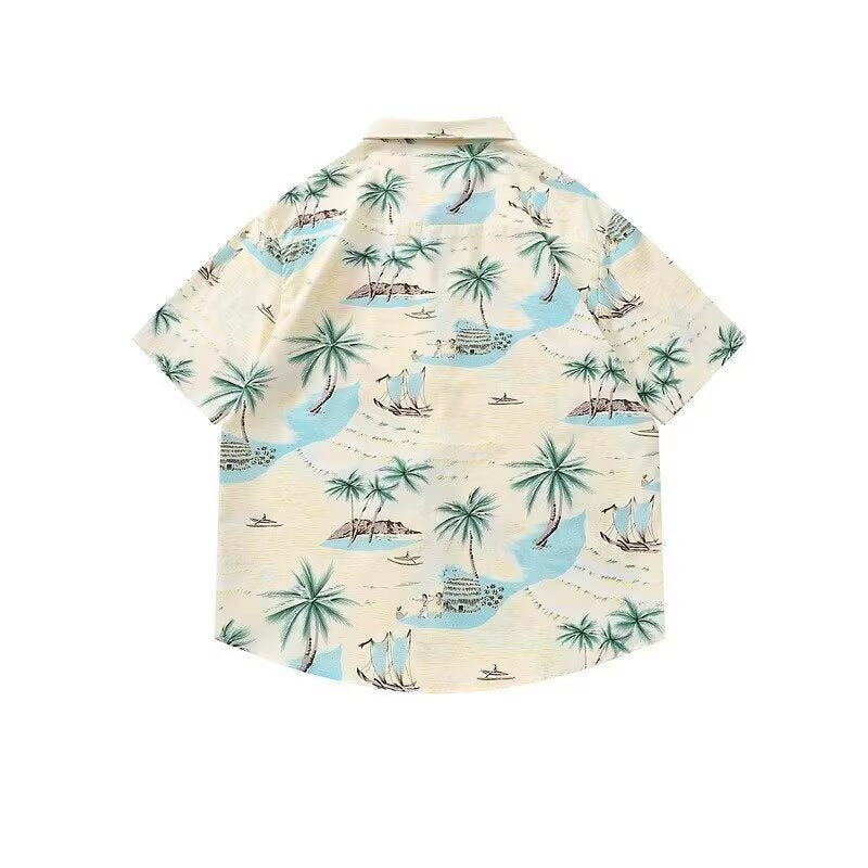 Ice Silk Coconut Tree Floral Shirt Men Loose Hawaiian Summer