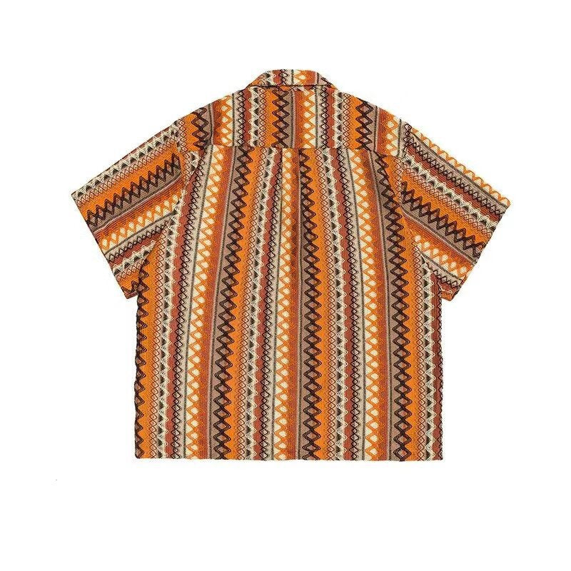 Yellow Cuban Collar Ice Silk Printed Shirt Men Summer Short Sleeve