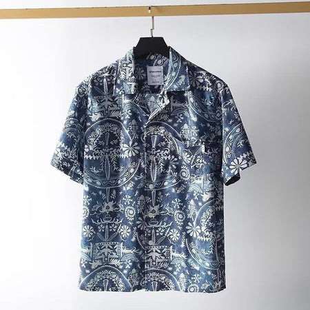 A504 Picture Color blue Retro Cuban Collar Shirt Men Full Print Short Sleeve Casual Wear