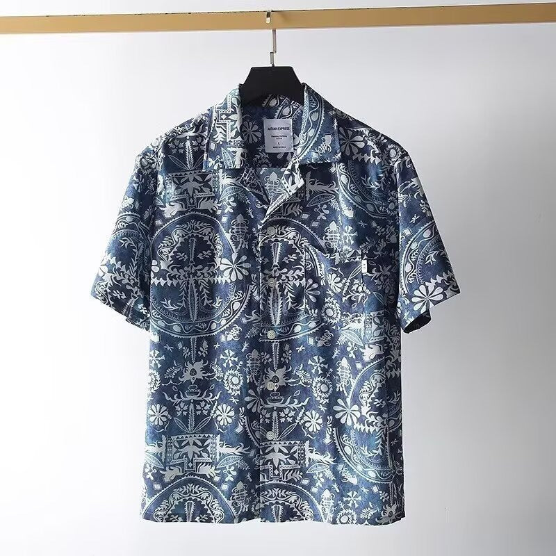 A504 Picture Color blue Retro Cuban Collar Shirt Men Full Print Short Sleeve Casual Wear