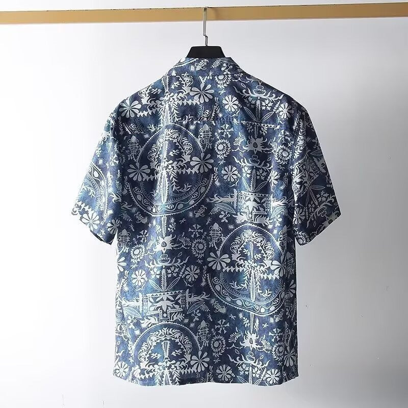 Blue Retro Cuban Collar Shirt Men Full Print Short Sleeve Casual Wear