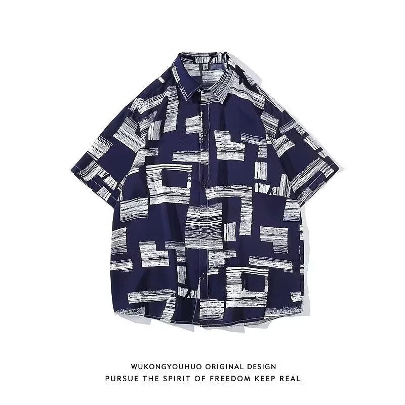 A601 Black ice Silk Floral Hawaiian Shirt Men Loose Fit Summer Beach Wear