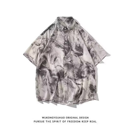 A802 Gray japanese Retro Short Sleeve Shirt Men Loose Casual Summer High-End