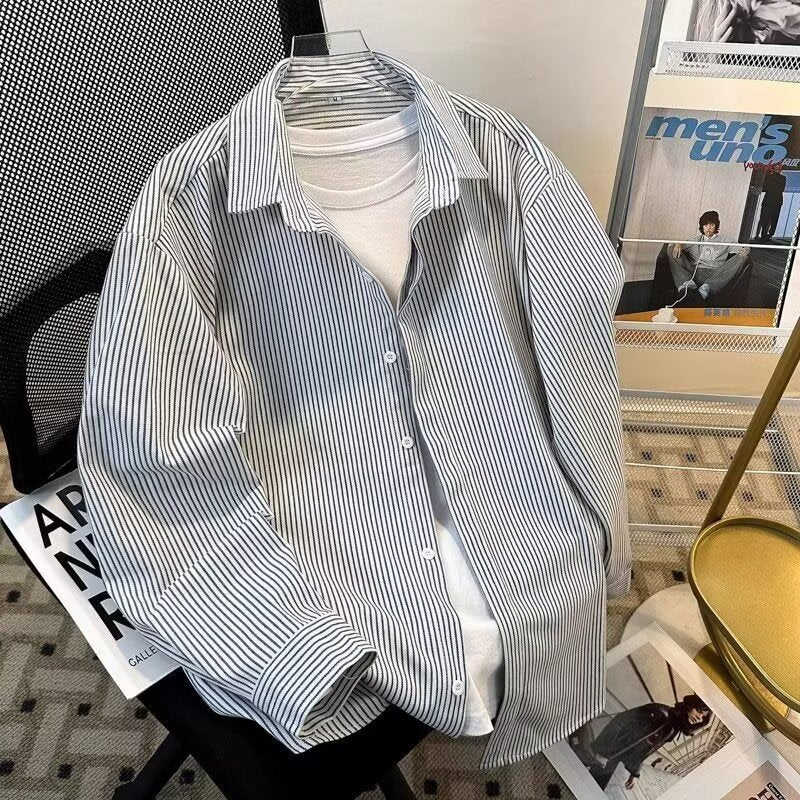 C1010 Black japanese Hong Kong Style Striped Long Sleeve Shirt Men Casual Loose Shirt
