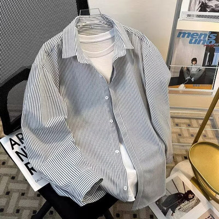 C1010 Black japanese Hong Kong Style Striped Long Sleeve Shirt Men Casual Loose Shirt