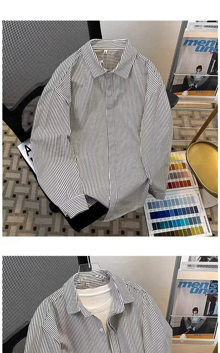 Japanese Style Striped Long Sleeve Shirt Men Casual Loose