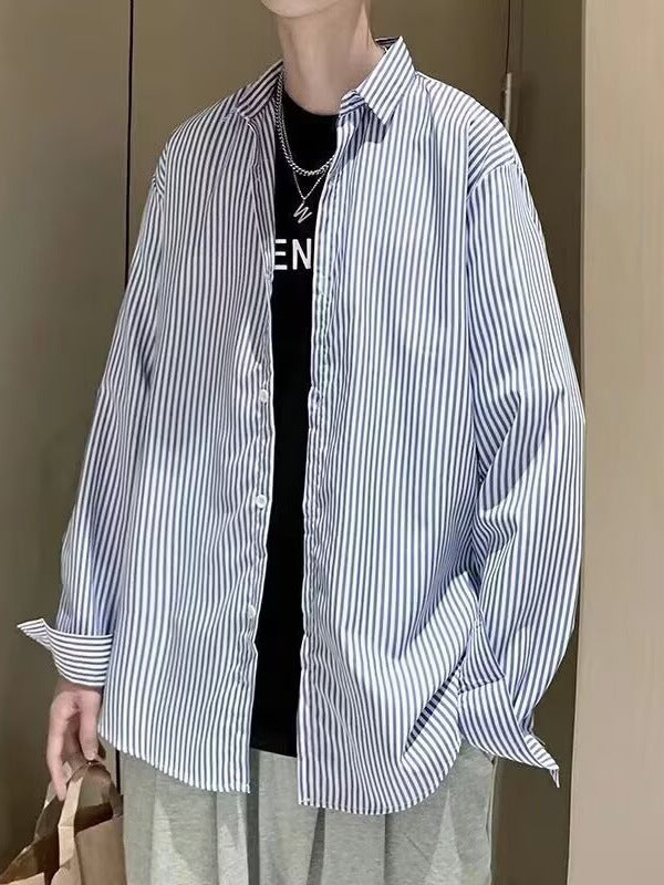 C1010 Cavalry Diagonal Stripes Black blue White Striped Long Sleeve Shirt Men Japanese Hong Kong Style Casual Jacket