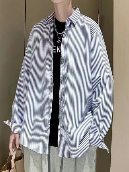C1010 Cavalry Diagonal Stripes Black blue White Striped Long Sleeve Shirt Men Japanese Hong Kong Style Casual Jacket