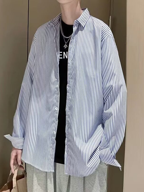 Blue White Striped Long Sleeve Shirt Japanese Style Casual Jacket