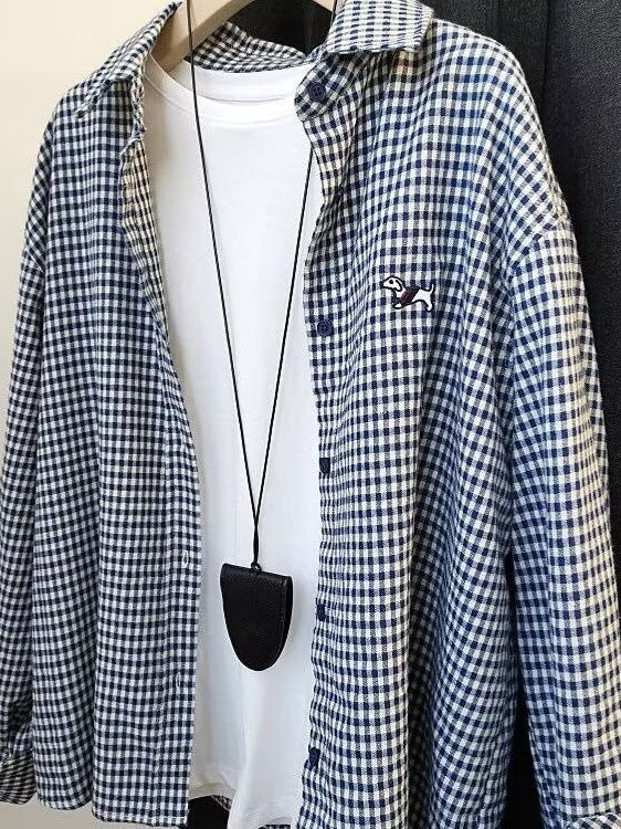 C1008 Embroidered Puppy Blue Check embroidered Plaid Shirt Women Soft Wax Retro Loose Long Sleeve Top