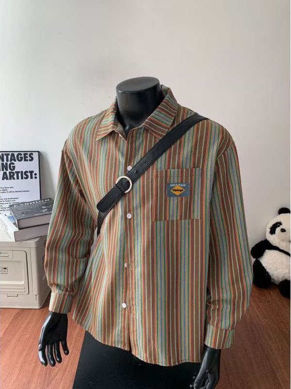 2515 High Quality Long Sleeve Shirt Brown retro Vertical Striped Long Sleeve Shirt Unisex Casual Cardigan Jacket