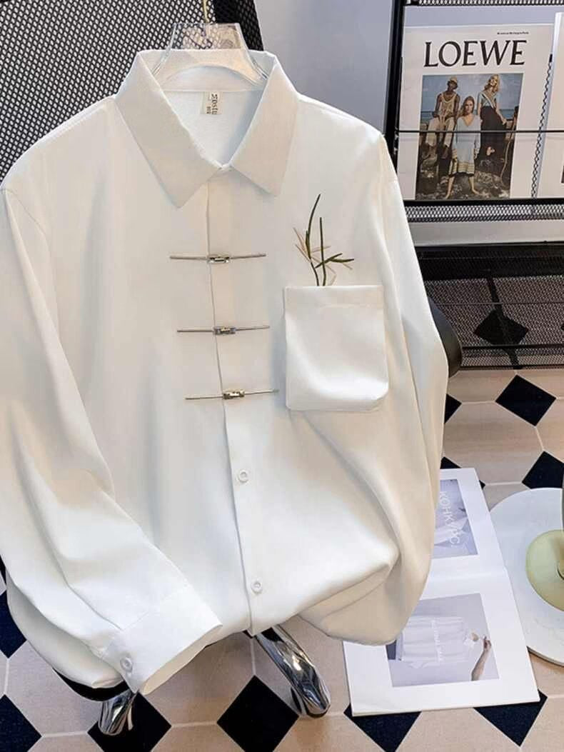 C19 Black chinese Style Embroidered Long Sleeve Shirt Men Loose Casual Spring Autumn Wear