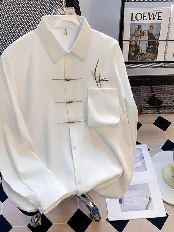 C19 Black chinese Style Embroidered Long Sleeve Shirt Men Loose Casual Spring Autumn Wear