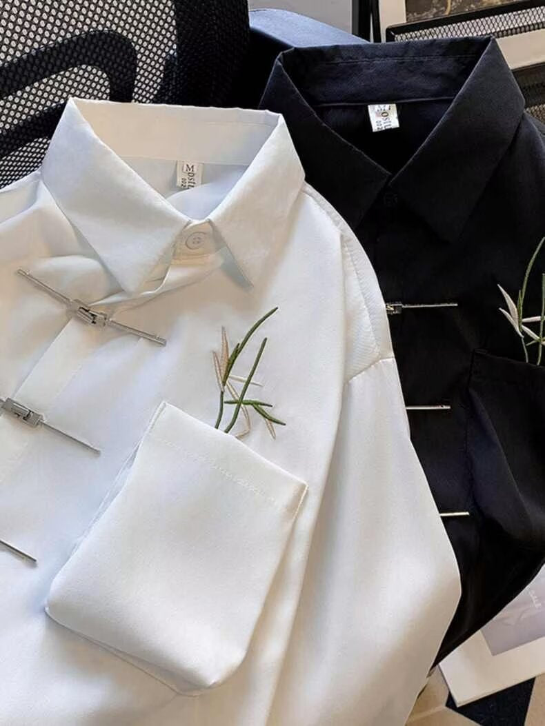 Chinese Style Embroidered Long Sleeve Shirt Men Loose Casual
