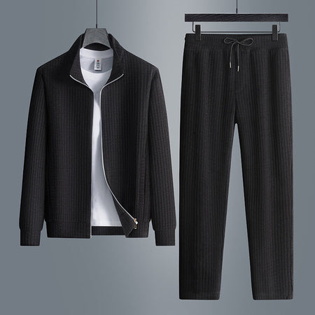 Black men's Solid Color Casual Sports Suit Stand Collar Two-Piece Set
