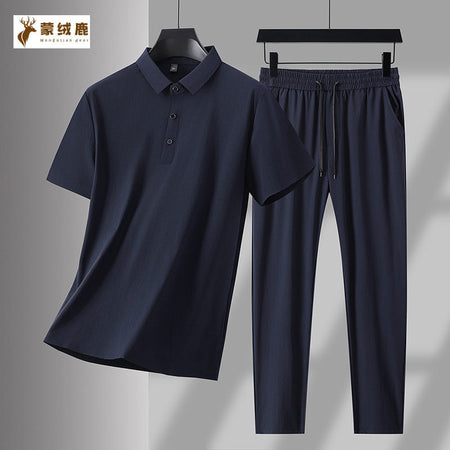 Black men's Ice Silk Sports Suit Short Sleeve Casual Summer Two-Piece Set