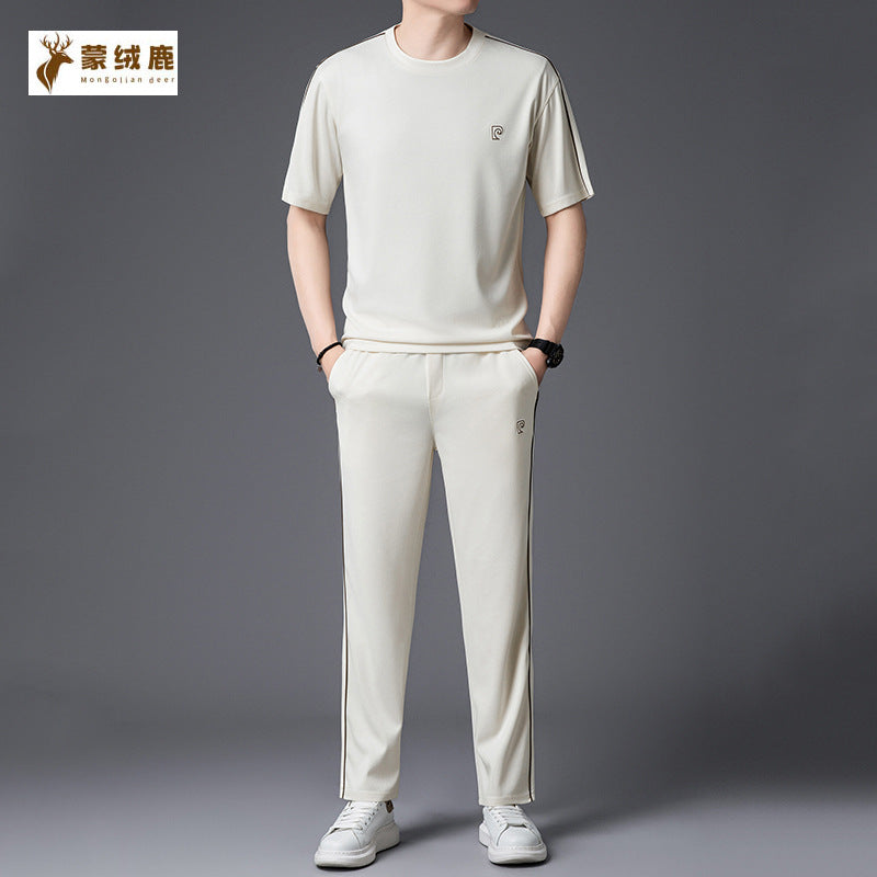 Beige Shorts Suit men's Ice Silk Casual Suit with Real Pockets