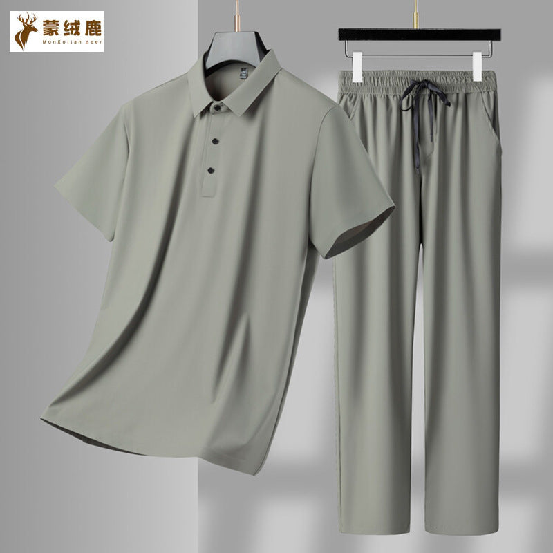 Shangqing men's Ice Silk Short-Sleeved Polo Shirt and Trousers Suit