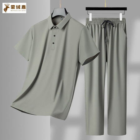 Shangqing men's Ice Silk Short-Sleeved Polo Shirt and Trousers Suit