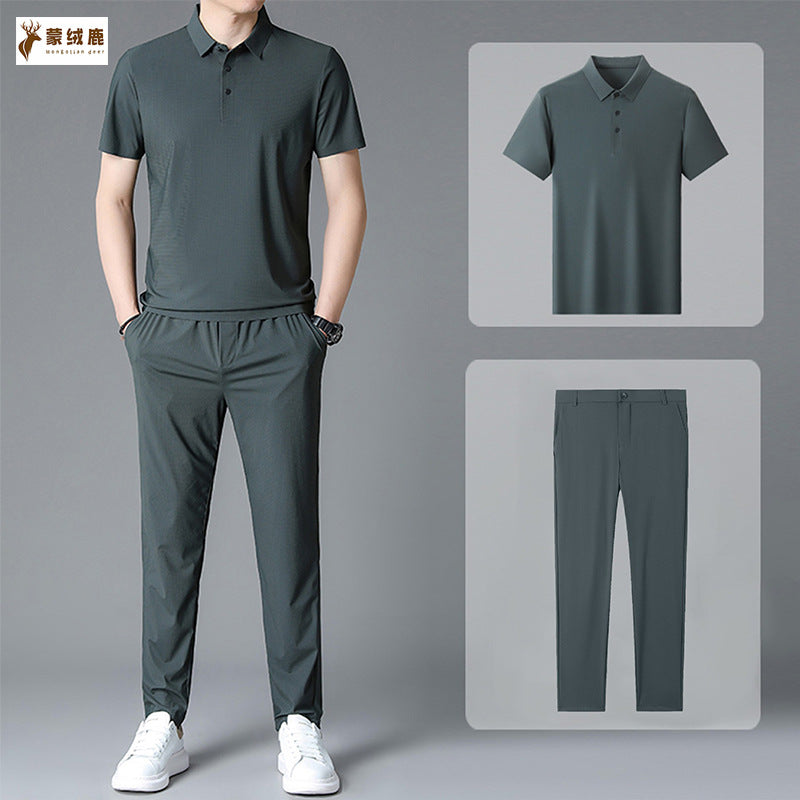 Belt Pants Khakis Suit Seamless Lapels title: Men's No-Iron Ice Silk Polo Shirt and Belted Trousers Suit
