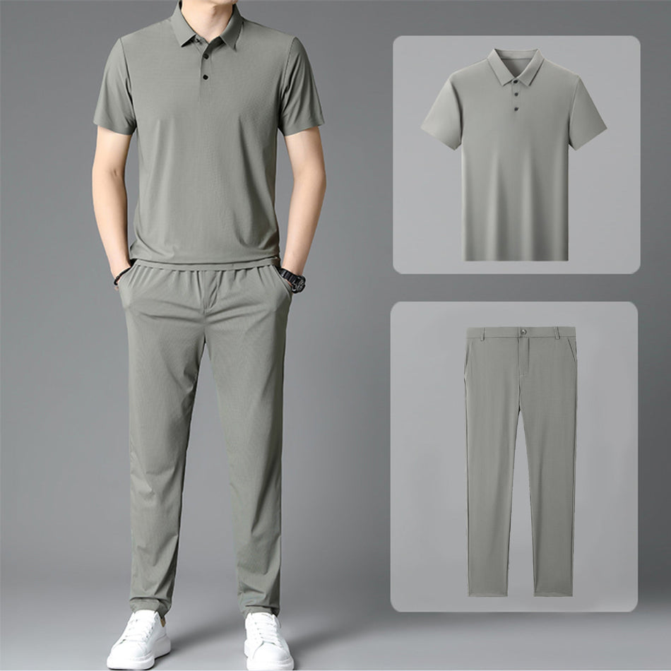 Title: Men's No-Iron Ice Silk Polo Shirt and Belted Trousers Suit