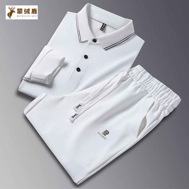 White men's Luxury Silk-Blend Long-Sleeved Polo and Trousers Suit