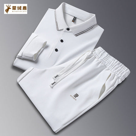 White men's Luxury Silk-Blend Long-Sleeved Polo and Trousers Suit